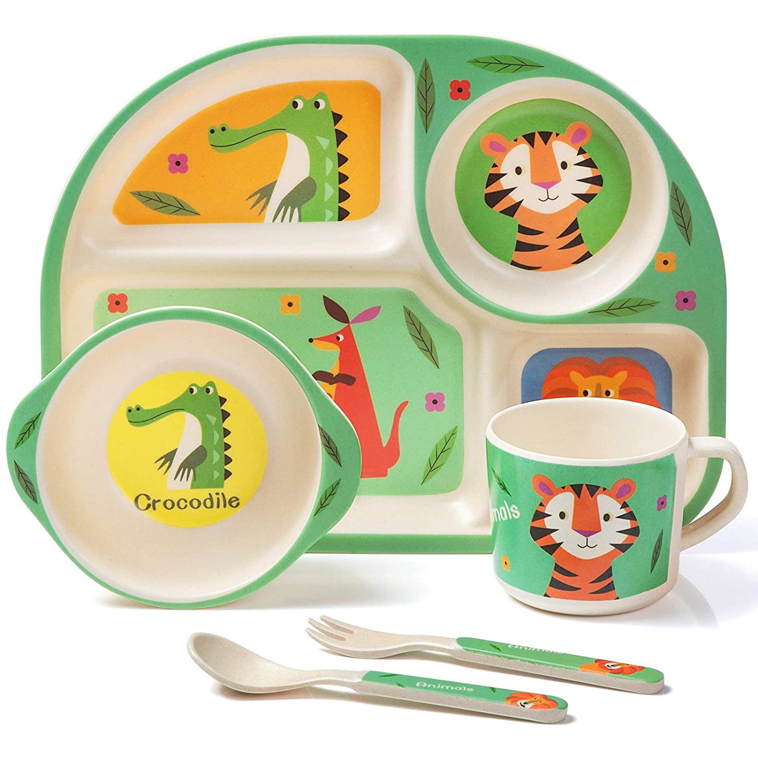 Re-usable 5 Piece Childrens Cutlery Set Tableware Plate Cup Spoon Fork Serving Bowl Tumbler Colourful Cartoon Animal Design Gabz Bamboo Kids Dinner Set 