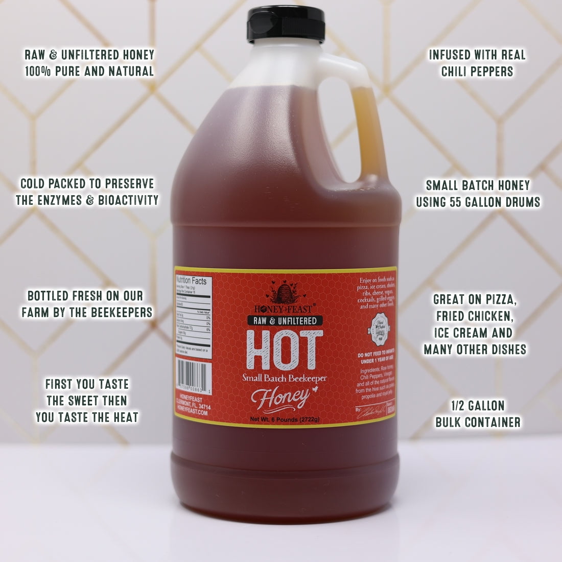 HONEY FEAST Hot Honey 6 Pounds (Pack of 4) - Spicy Honey Infusion for Enthusiasts, Perfect Gourmet Hot Honey Sauce, Ideal for Spicy Food Lovers and Foodie Gift Sets