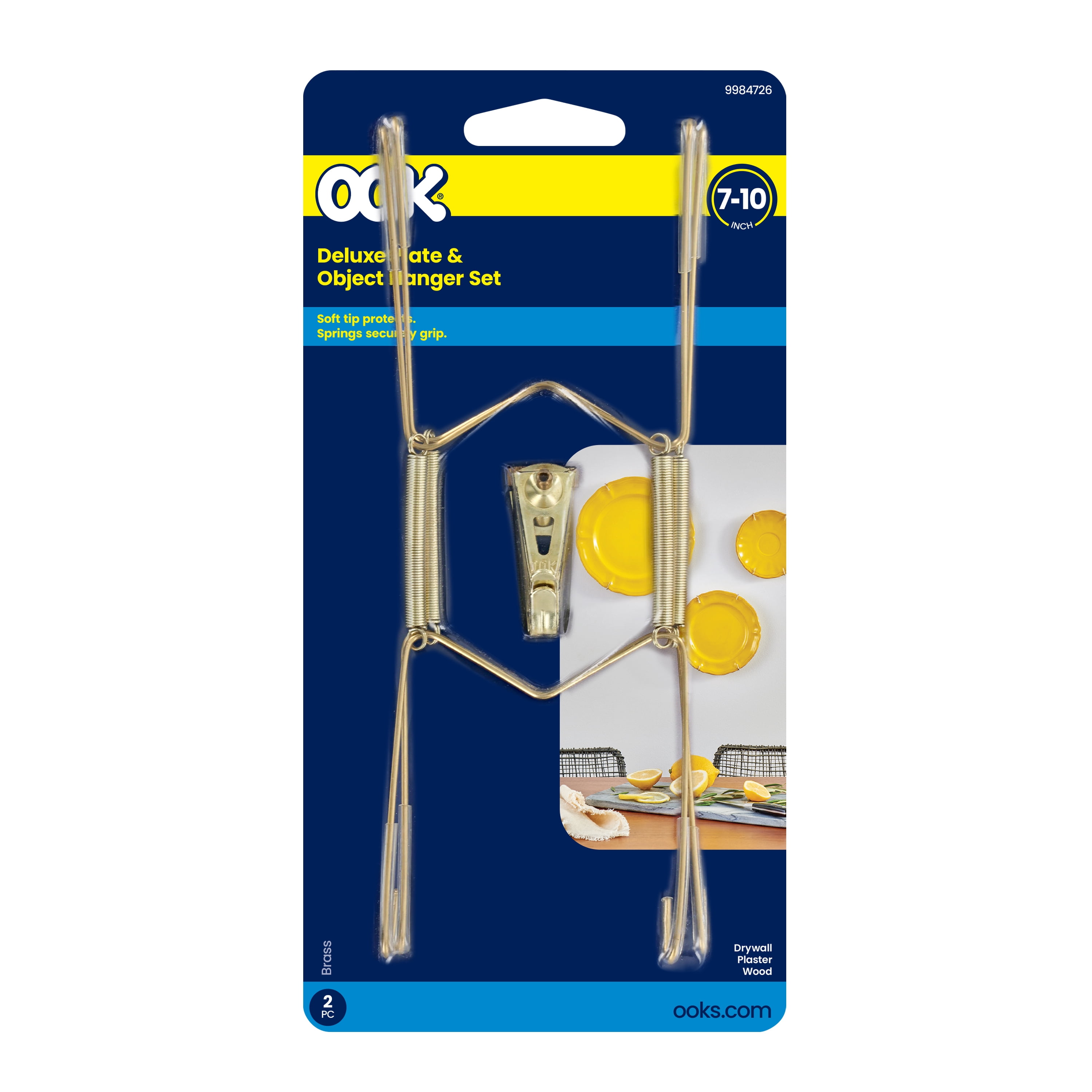 (2 pack) Ook Deluxe Plate Hanger Set with Wall Hanger 7" - 10", 30 lbs, Steel, Zinc Finish, Gold, 2 pack