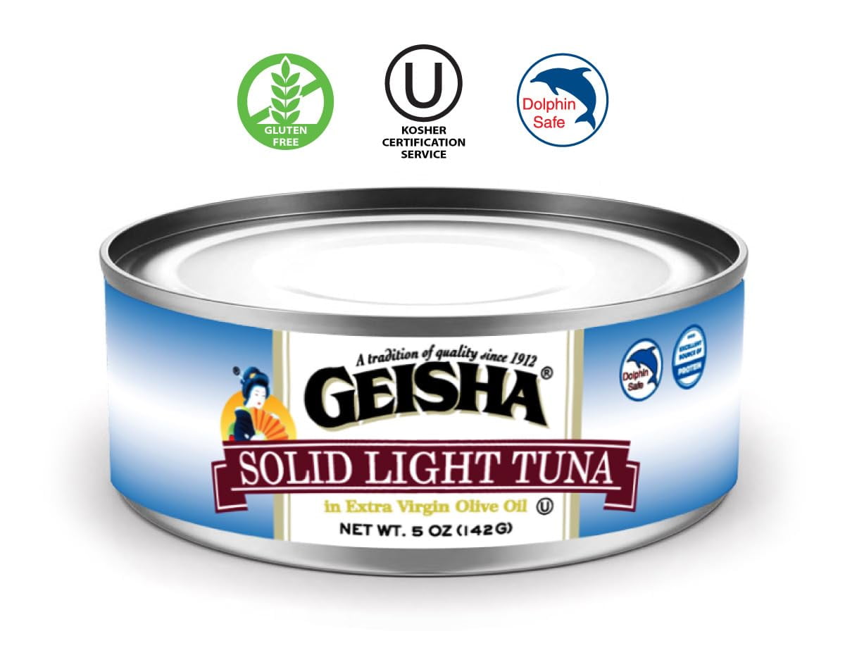 GEISHA Solid Light Tuna in Extra Virgin Olive Oil 5.00oz(Pack of 12), Tuna | Zero Trans Fat - No Sugar Added – Excellent Source of Protein(52% DV per serving) – Dolphin Safe – Extra Virgin Olive Oil