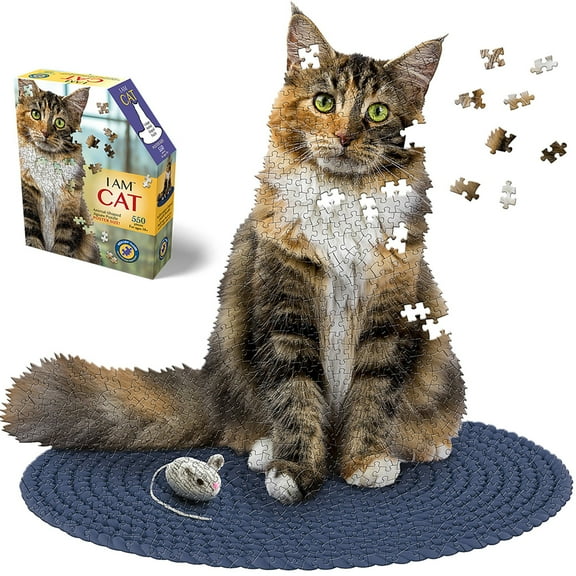 Madd Capp: I Am Cat - 550 Piece Puzzle - Feline Shaped Animal Jigsaw, 30 x 30" Assembled Size, Poster Reference, Educational Fun Fact Booklet