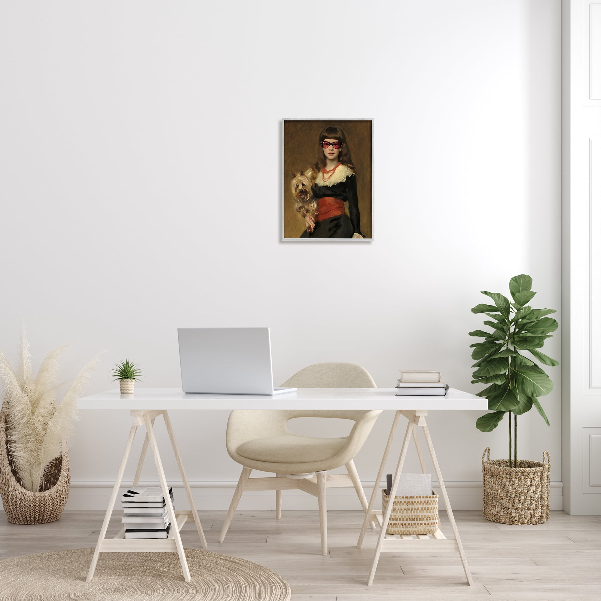 Stupell Industries Traditional Female Portrait Modernized Puppy Glam Sunglasses Novelty Painting Gray Framed Art Print Wall Art, 16 x 20, Design by Jacob Green