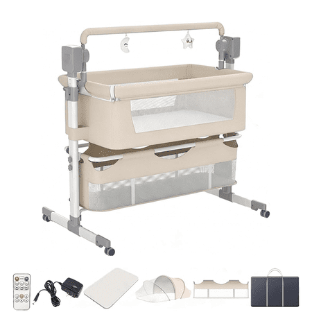Convertible Baby Bassinet Electric Bedside Bassinet with Remote Control Bluetooth Adjustable Bassinet Beige