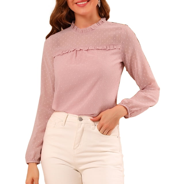 INSPIRAR CHIC Blusa de gasa con cuello simulado y volantes de puntos suizos semitransparentes para mujer S Rosa