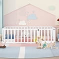thumbnail image 2 of Full Size Floor Bed for Kids, Wood Full Montessori Bed Frame with Fence Guardrails and & Support Slats, Full Playhouse Bed with Door Design, Kids Fence Bed Playpen Bed for Boys ,Girls, White, 2 of 7