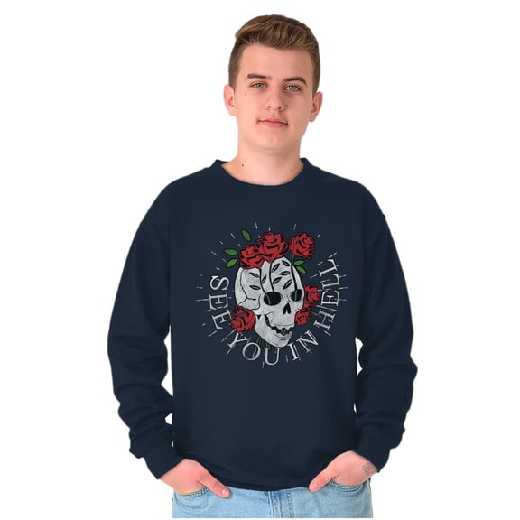 See You in Hell Skull Roses Tattoo Unisex Plus Fleece Graphic Sweatshirt Brisco Brands 2X