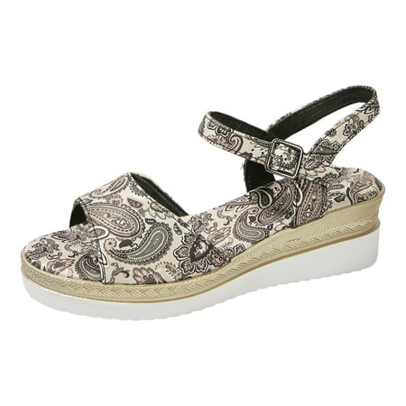 

ZAROYEAX Ladies Summer Retro Printed Ethnic Style Large Size Slope Heel Buckle Sandals