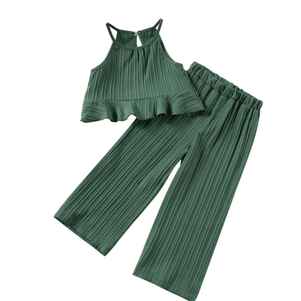Odeerbi 1-13 Años Conjunto de Verano Para Niñas Camisola Con Volantes de Algodón Pantalones de Pata Ancha Conjunto de Dos Piezas Camiseta de Rayas Onduladas Pantalones Sueltos Conjunto