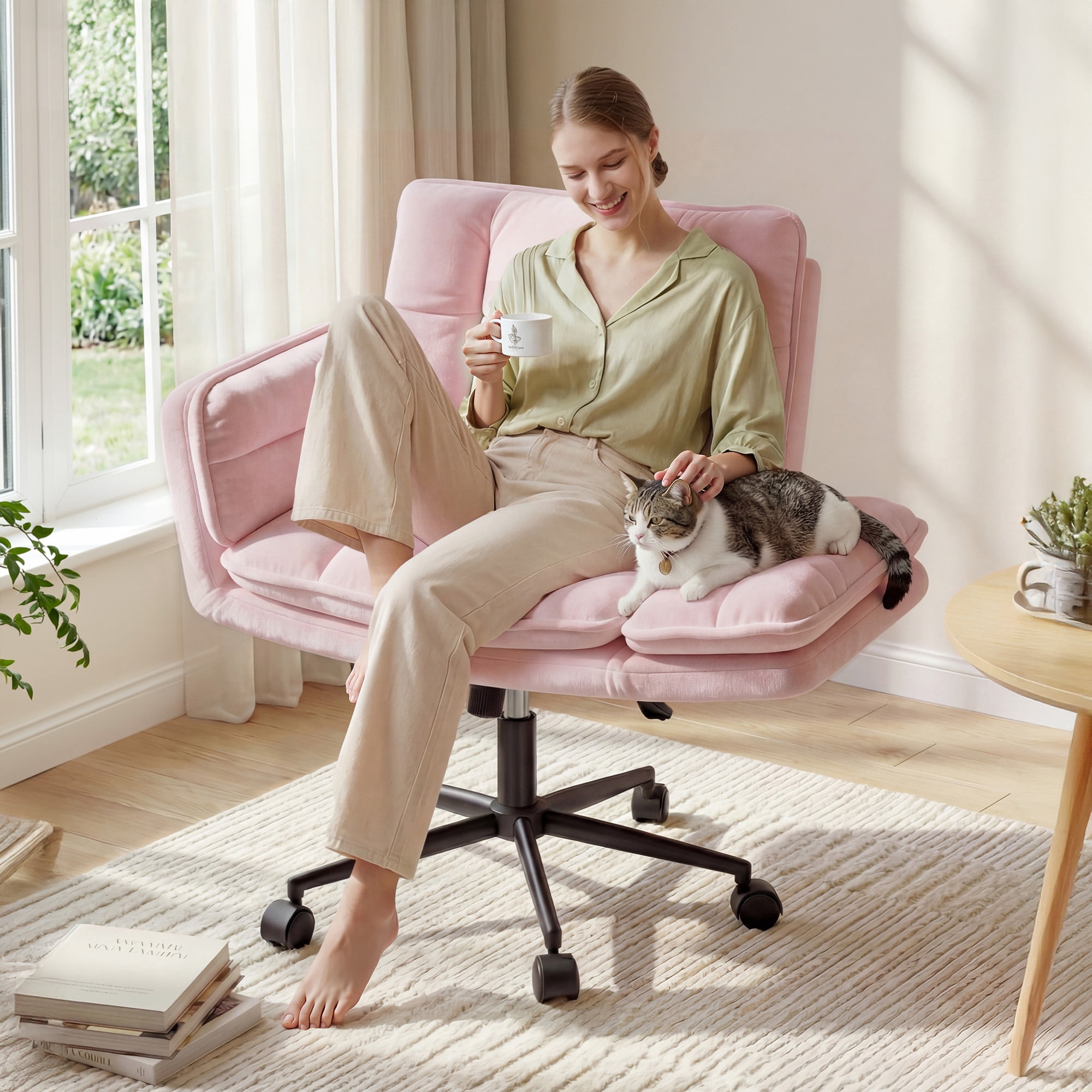 Romorgniz Criss Cross Chair with Wheels Plush Fleece Vanity Chair with 5-Gear Adjustable Armrests Ergonomic Office Chair for Home Office, Pink