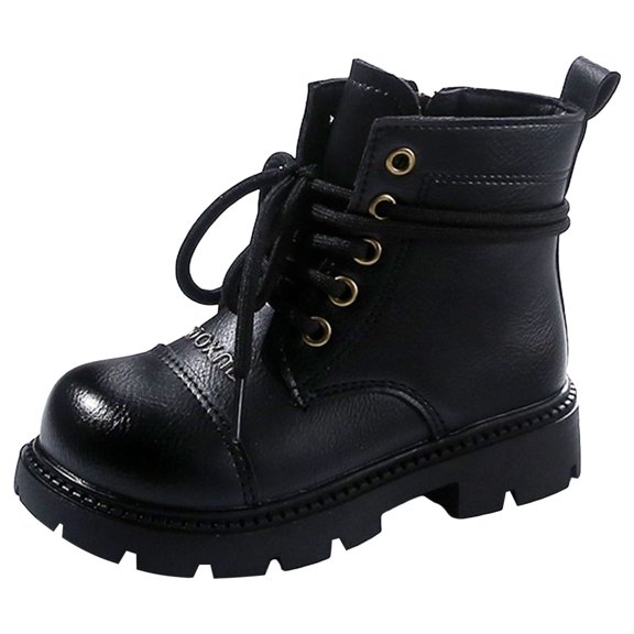Girls Fashion Leather Ankle Boots Kids Wide Toe Box Lace Up Mid Calf Combat Booties With Side Zipper