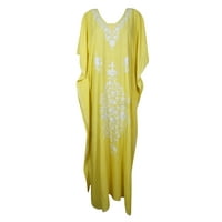 Mogul Women Lime Yellow Floral Maxi Dress Caftan White Floral Embroidered Kimono Sleeves Resort Wear House Dress 3XL