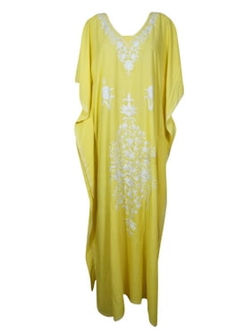Mogul Women Lime Yellow Floral Maxi Dress Caftan White Floral Embroidered Kimono Sleeves Resort Wear House Dress 3XL
