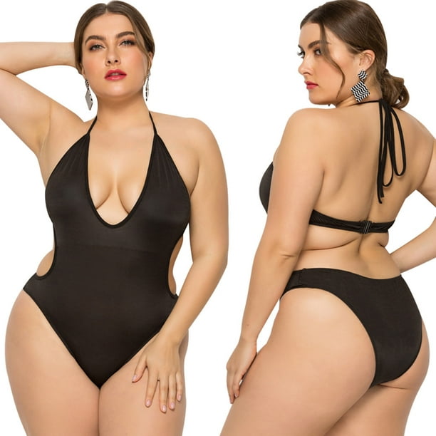WREESH Women Plus Size Solid Color Deep V Piece Hanging Neck Strap Bikini  Swimsuit 
