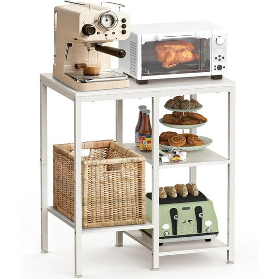Kitchen Microwave Stand,4-Tier Adjustable Bakers Rack,Multi-Purpose Kitchen Storage Cart for Coffee Station,Space-Saving Metal Appliance Shelf for Living Room (White)