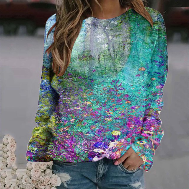 Nouveaux Hauts pour Femmes 2023 Mode Dames Chandail en Molleton à Manches Longues Col Rond Imprimé Blouse Pull-Over Coupe Décontractée Chandail en Molleton Oversize pour Femmes