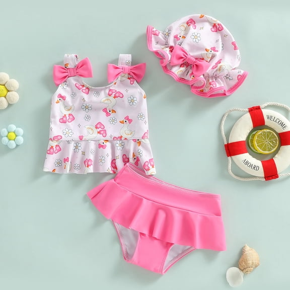 FASHOFT Baby Girl 3 Piece Swimsuit Sleeveless Rash Guard Swim Bottom Swimwear Summer Beach Poor Bathing Suit with Hat Pink