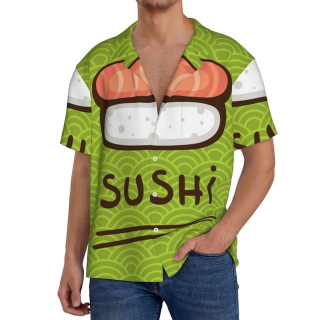 Fotbe Fresh Sushi Camisa Estampada de Manga Corta para Hombre, Casual de Verano, Estilo Playero, Sin Arrugas-3X-Large