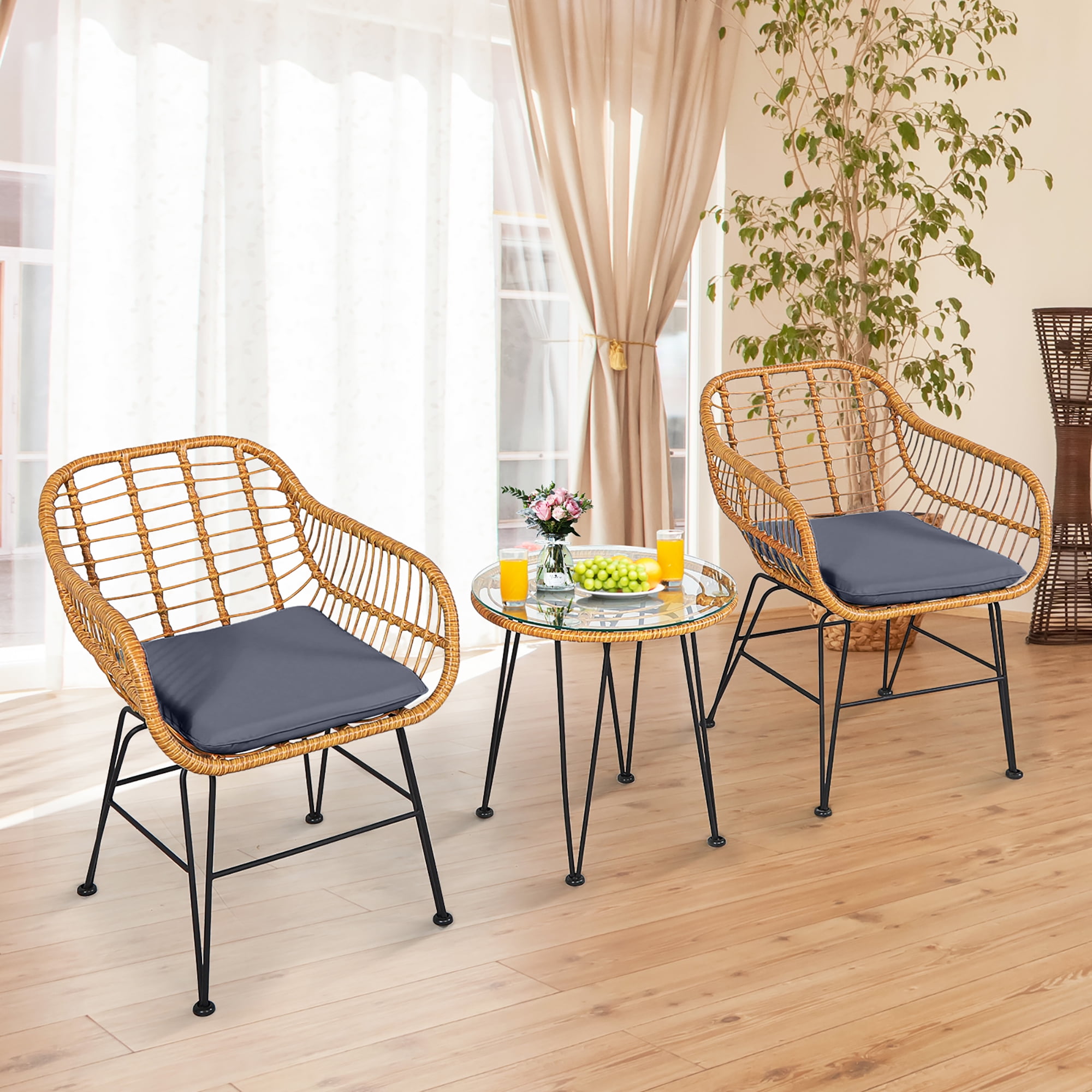 Costway 3PCS Patio Rattan Bistro Furniture Set Cushioned Chair Table Grey