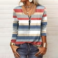 thumbnail image 2 of QLEICOM Women Casual Zipper T-shirt Stripe Long Sleeve V-Neck Tops Loose Blouses Shirts Tops Blue L, US Size 8, 2 of 5
