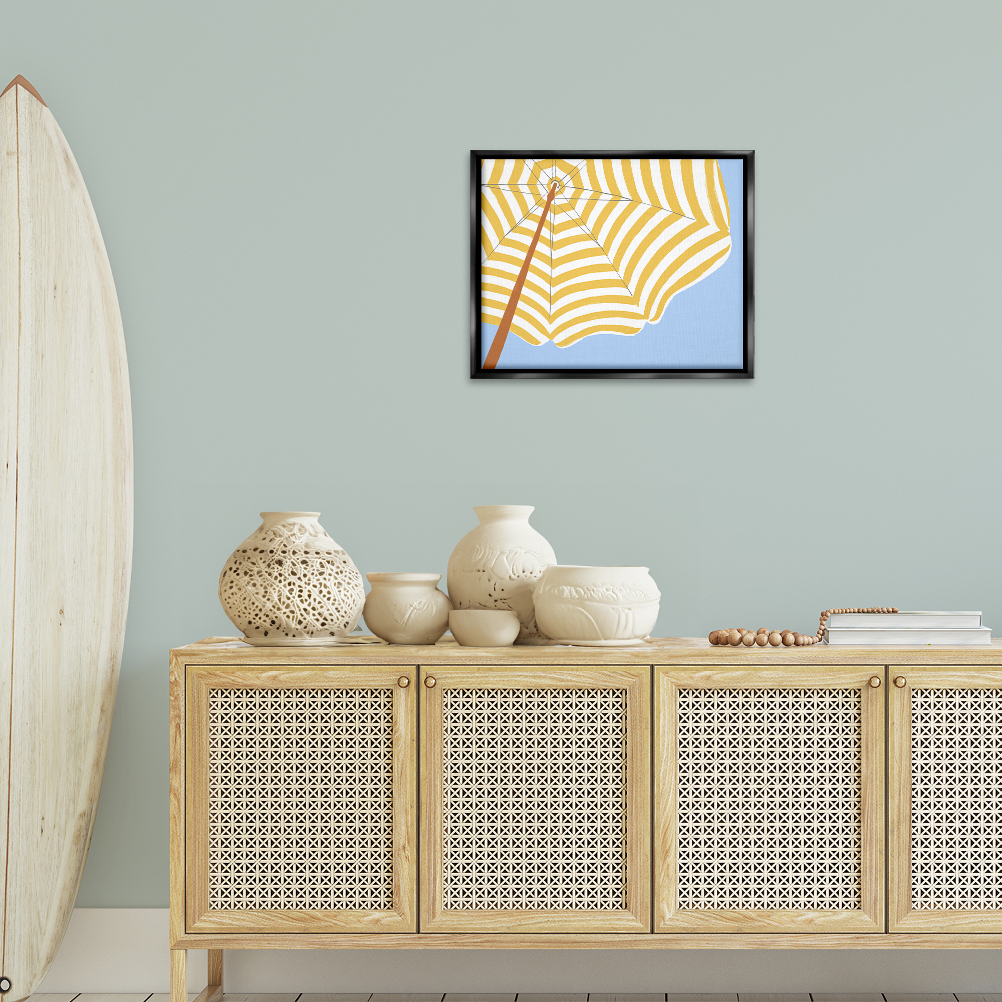 Stupell Industries Yellow & White Umbrella Coastal Painting Black Floater Framed Canvas Art Print Wall Art, 21 x 17