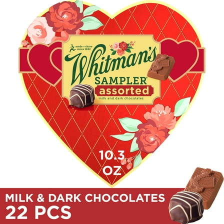 Whitman's Sampler Valentine's Day Red Floral Heart Assorted Milk & Dark Chocolate Candy Gift Box, 10.3 oz.