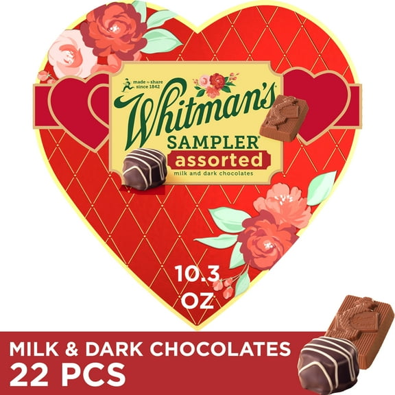 Whitman's Sampler Valentine's Day Red Floral Heart Assorted Milk & Dark Chocolate Candy Gift Box, 10.3 oz.
