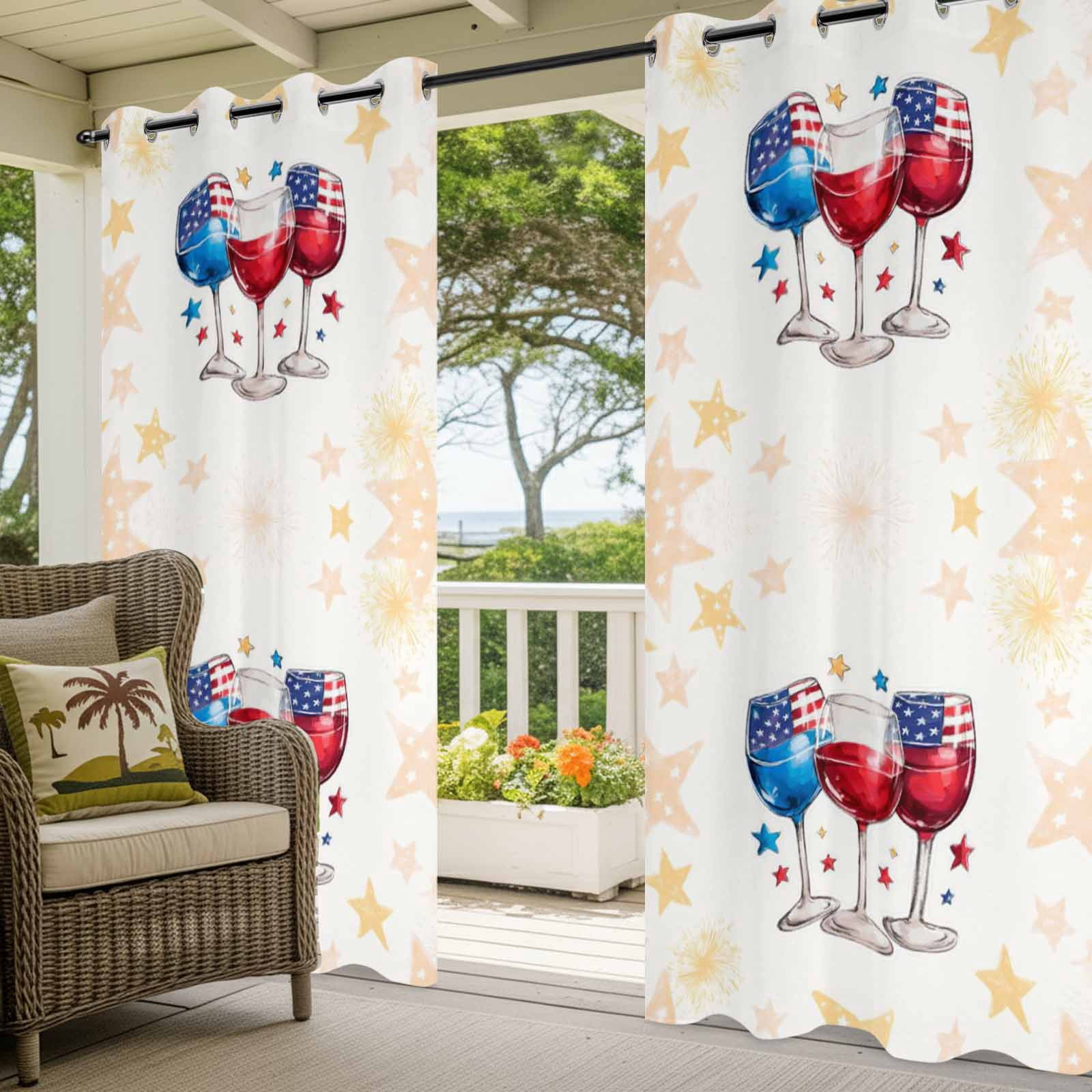 Independence Day Wine Outdoor Curtains for Patio, American Flag Red Blue Star Yellow Firework Sunshade Privacy Drapes Grommet Waterproof Outside Curtains for Porch/Cabana/Balcony 54"x 108", 1 Panel