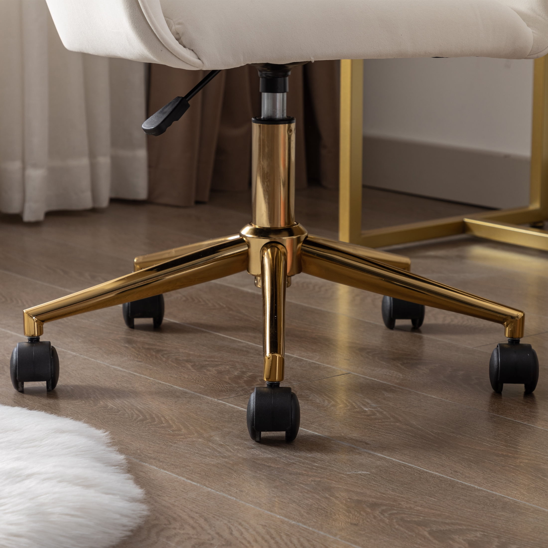 PORKISS Modern Velvet Office Chair with Wheels and Gold Metal Legs Height Adjustable 360° Swivel, Ivory White