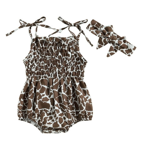 

Wassery Baby Girls Summer Casual Romper Cow Spotted Print Ruched Sleeveless Strap Summer Romper Headband Clothes 2Pcs Set 0-18MJ