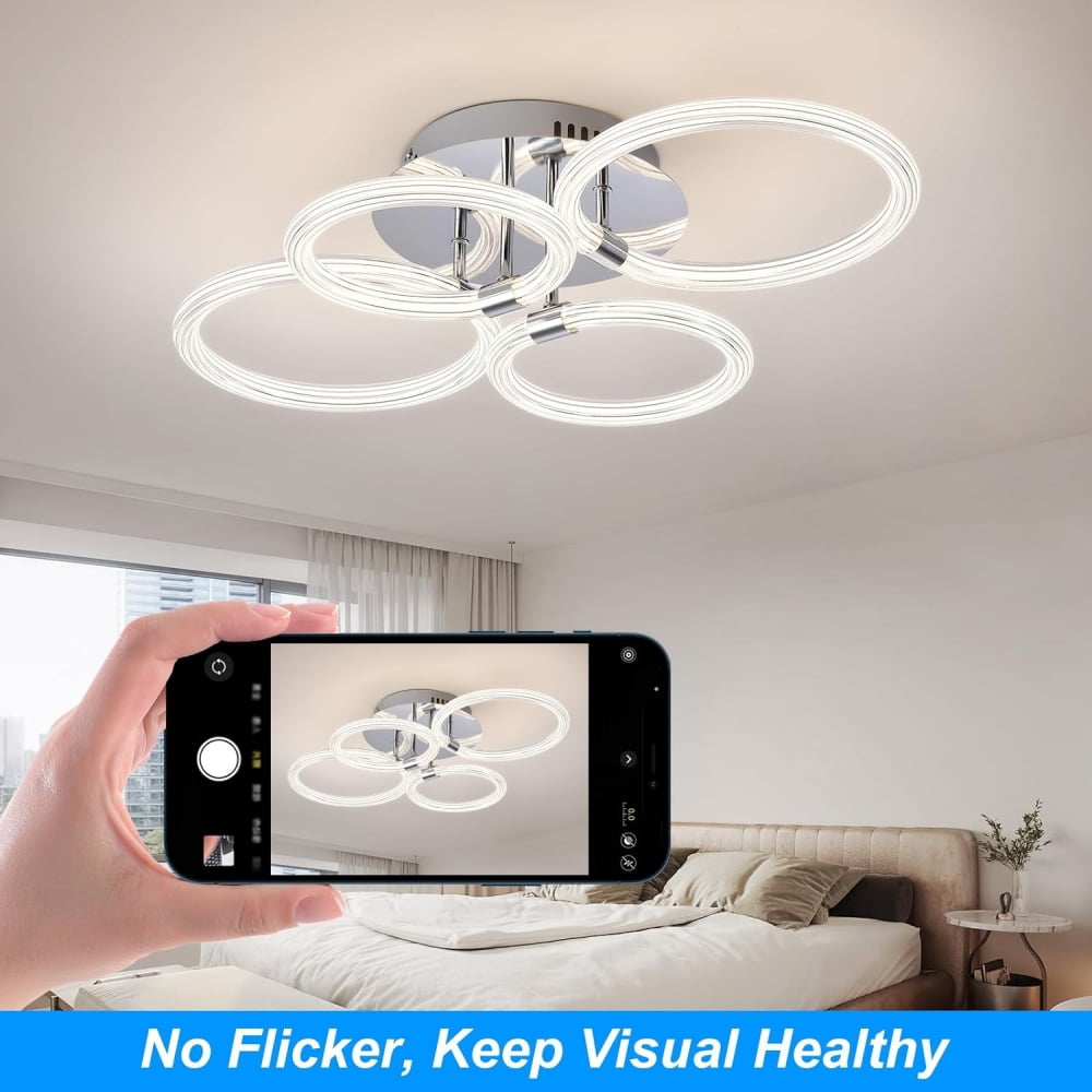 IVV Modern LED Flush Mount Ceiling Light with Dimmable Remote Control, 4 Rings Lighting Fixture Ceiling Lamp for Kitchen, Living Room, Bedroom, Laundry Room, 3000K-6500K, CRI 90+ (Silver)
