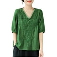 thumbnail image 5 of Luxalzxs Summer Cotton Linen Tunic Tops for Women V-Neck Embroidery Mexican T-Shirts Ethnic Style Loose Solid Color Boho Short Sleeve Tee Blouse, 5 of 5