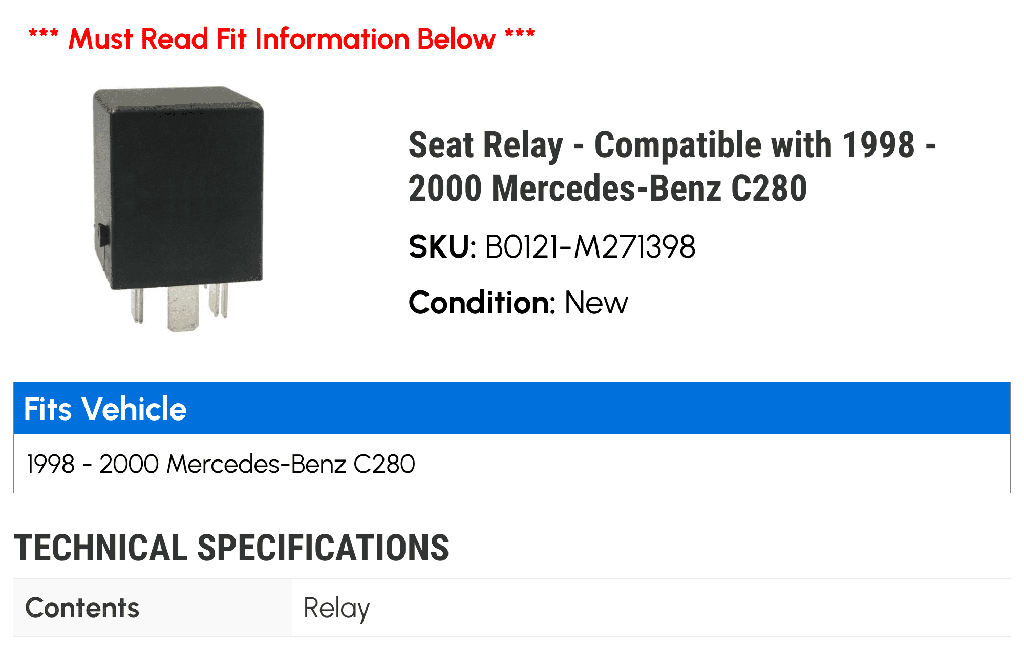 Seat Relay - Compatible with 1998 - 2000 Mercedes-Benz C280 1999