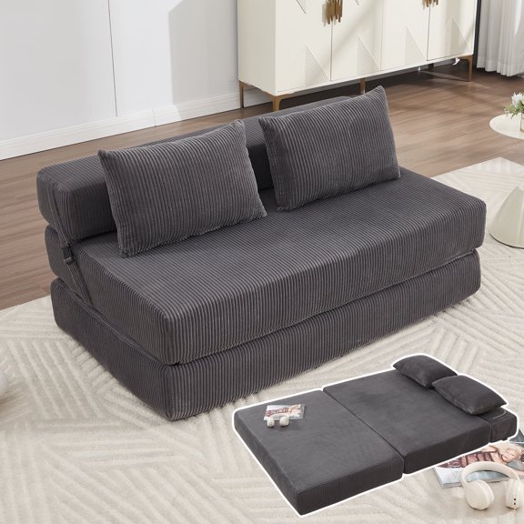 GNIXUU Folding Sofa Bed, 3-in-1 Convertible Sleeper Sofa, Corduroy Foldable Boneless Floor Futon Couch with Backrest & Pillows,Lazy Sofa for Home Living Room Office Apartment,Black