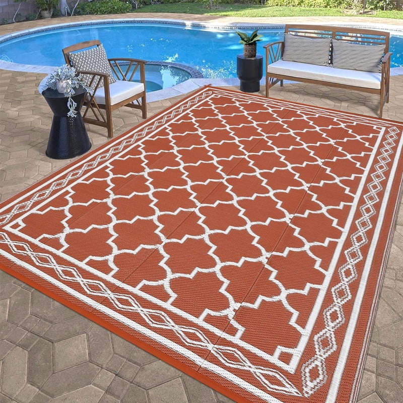 Towallmark 9x12 Outdoor Rug Waterproof, Reversible Plastic Straw Patio Mat with Carry Bag, Portable Camping Rugs for RV Backyard Deck, Easy Cleaning Outside Carpet for Picnic, Orange
