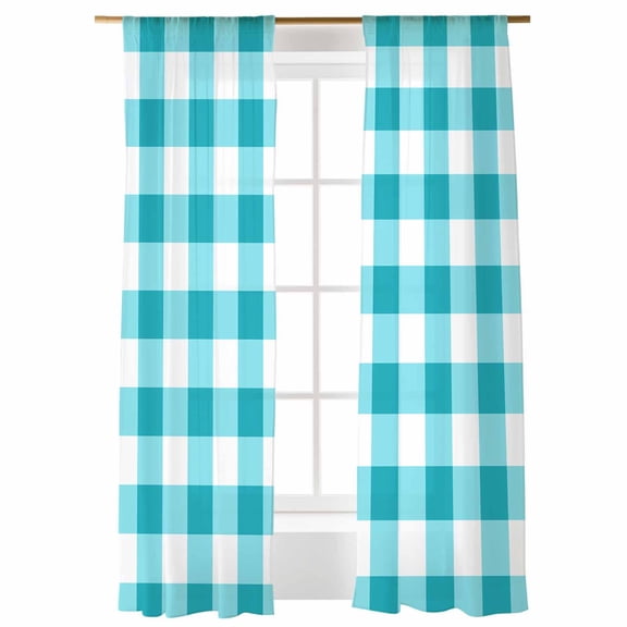 Sheer Curtains 96 inches Long, Turquoise Plaid Turquoise Gradient Line Check Geometric Light Filtering Sheer Window Curtains Rod Pocket Voile Drapes for Bedroom Living Room, 52"W x 96"L 2 Panels
