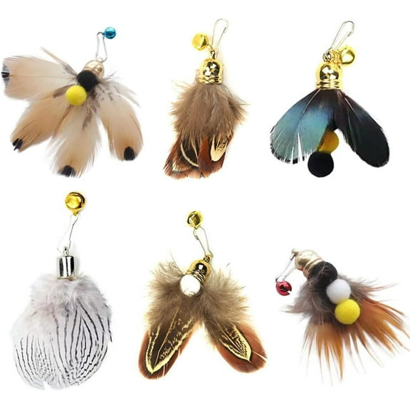 Cat Insect Feather Toys Replacement Cat Toy Wand Refills, 6 Pieces Natural Insect Cat Toy Feathers Refill, Interactive Cat Teaser Wand Attachments, with Bell