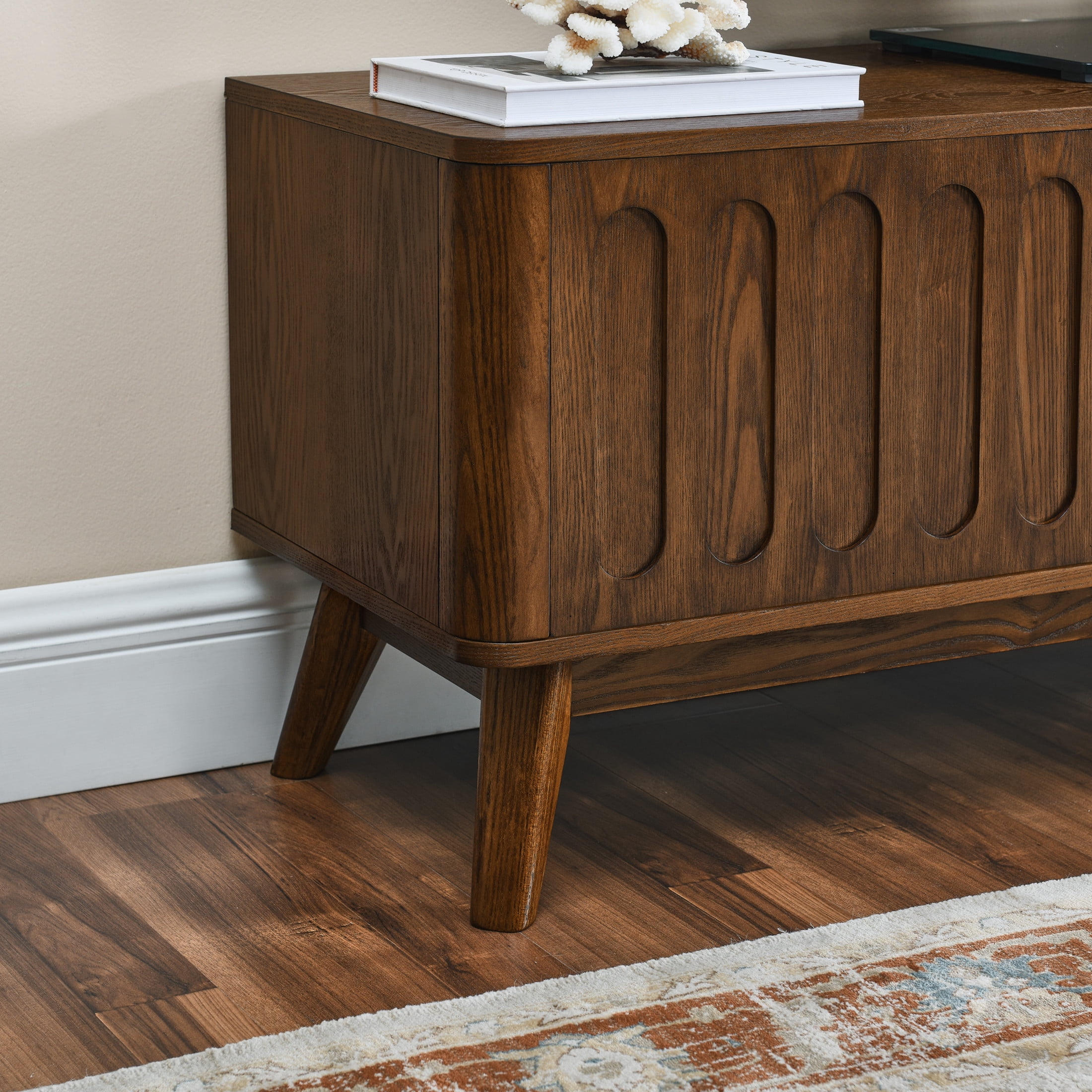 Noble House Mid-Century Modern Fluted TV Stand for 65" TV, Entertainment Console with Storage, Solid Wood Legs, Walnut