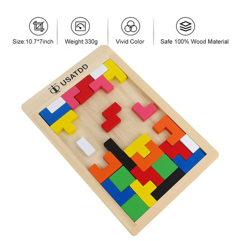 USATDD Wooden Tetris Puzzle Tangram Jigsaw Brain Teasers Toy Building Blocks  Game Colorful Wood Puzzles Box Educational Gift For Kids 40 Pcs 