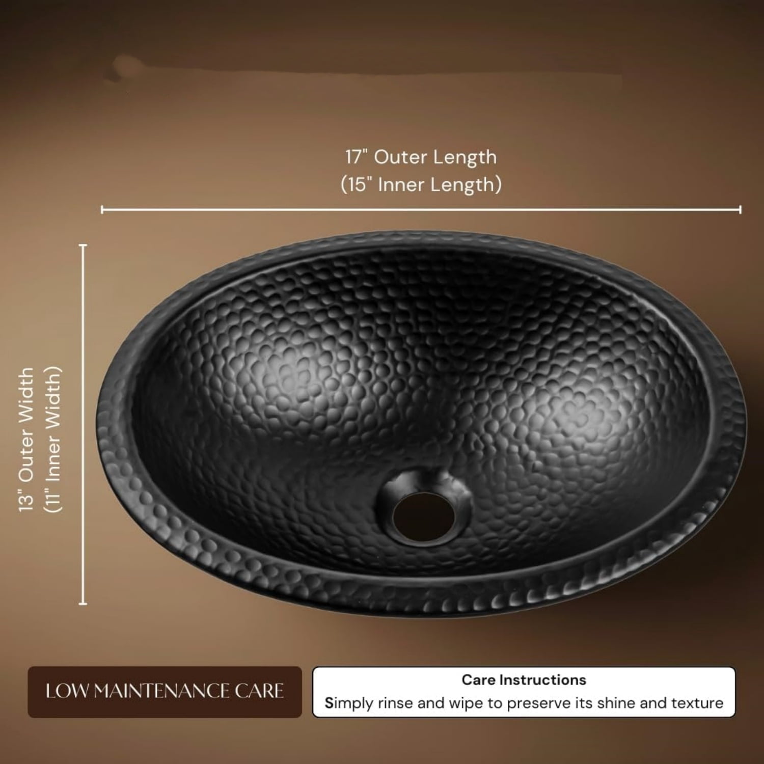 17-Inch Oval Drop In Bathroom Sink, Top Mount Hand Hammered Matte Black Vanity Sinks for Countertop, Powder Room, Guest Bath or Restroom, Drop in Sinks for Bathrooms