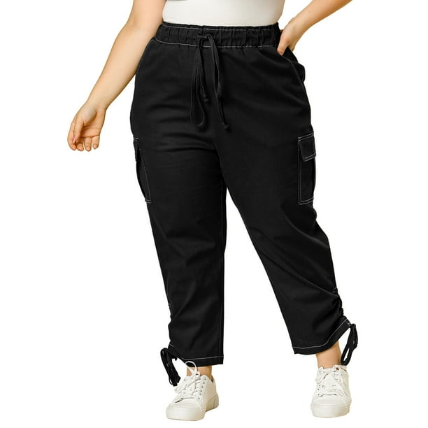 Pantalones Cargo Con Bolsillos CintuElástiCon Cordón TalGrande PaMujer Negro XXL