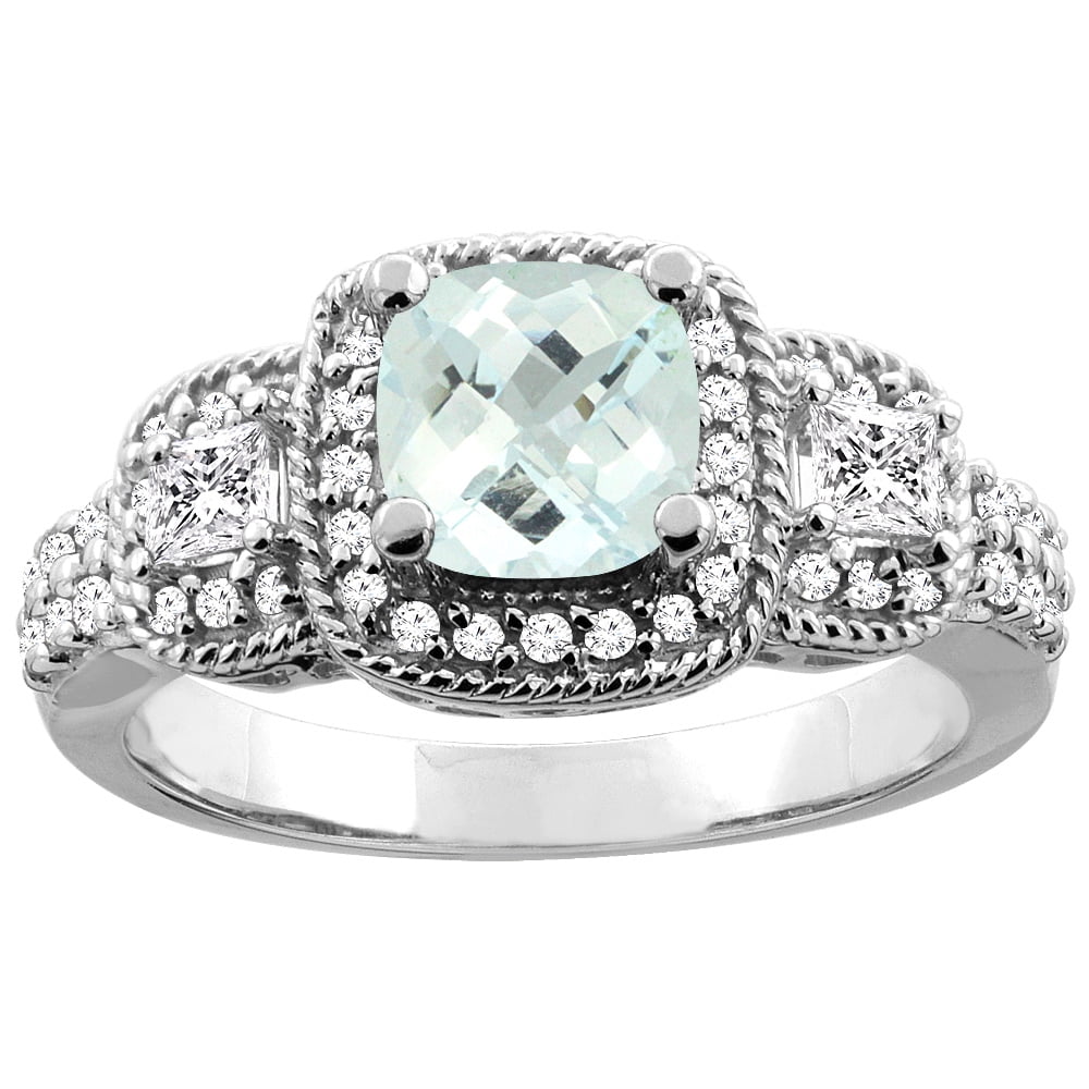 14K White Gold Natural Aquamarine Ring Cushion-cut 6x6 mm Diamond Accent, size 5 by Gabriella Gold
