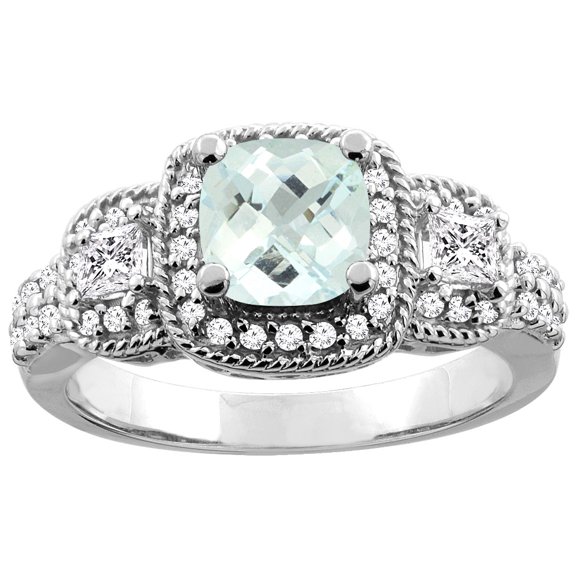 10K White Gold Natural Aquamarine Ring Cushion 6x6 mm Diamond Accent, size 6