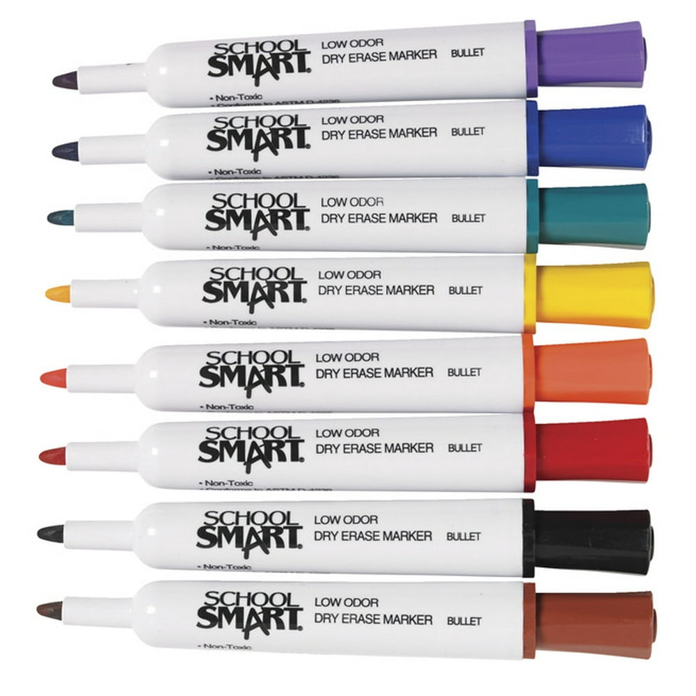 School Smart Low Odor NonToxic Dry Erase Marker, Bullet Tip, Assorted
