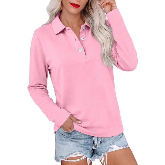 Long Sleeve Polo Shirts for Women Button Collared Golf Tops Solid Color Breathable Tees, S