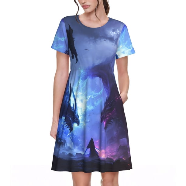 Balery Red And Blue Fire Dragon Vestidos sueltos de manga corta para mujer, vestidos de verano 2025, vestidos casuales de corte A con vuelo.