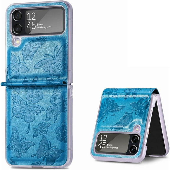 case for Samsung Galaxy Z Flip 4 5G Case, Emboss Butterfly Flower Flip Case for for Women Girls Slim Fit Hard PC Bumper Protective Cases Cover for Samsung Galaxy Z Flip 4 (Blue)