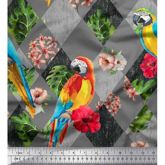 Soimoi Gray Silk Fabric Floral Tropical Bird Decor Fabric Printed BTY 44 Inch Wide