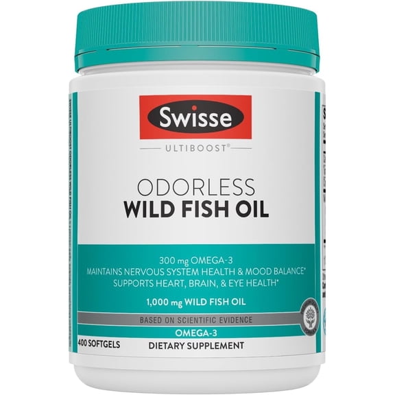 Swisse Odorless Wild Fish Oil, Omega-3 Supplement to Support Cardiovascular Health, 400 Softgells