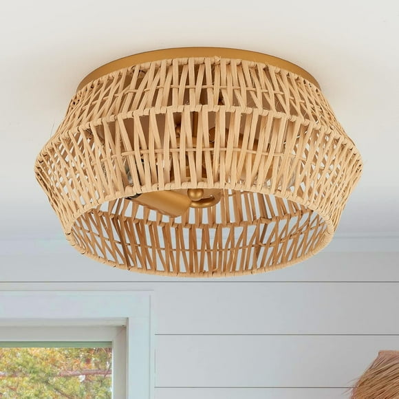 Natural Rattan Flush Mount Ceiling Light Fixture Farmhouse Antique Brass Brush Paint Finish Mini Chandelier for Porch Patio Hallway Foyer Living Room Bedroom Entryway 2-Light