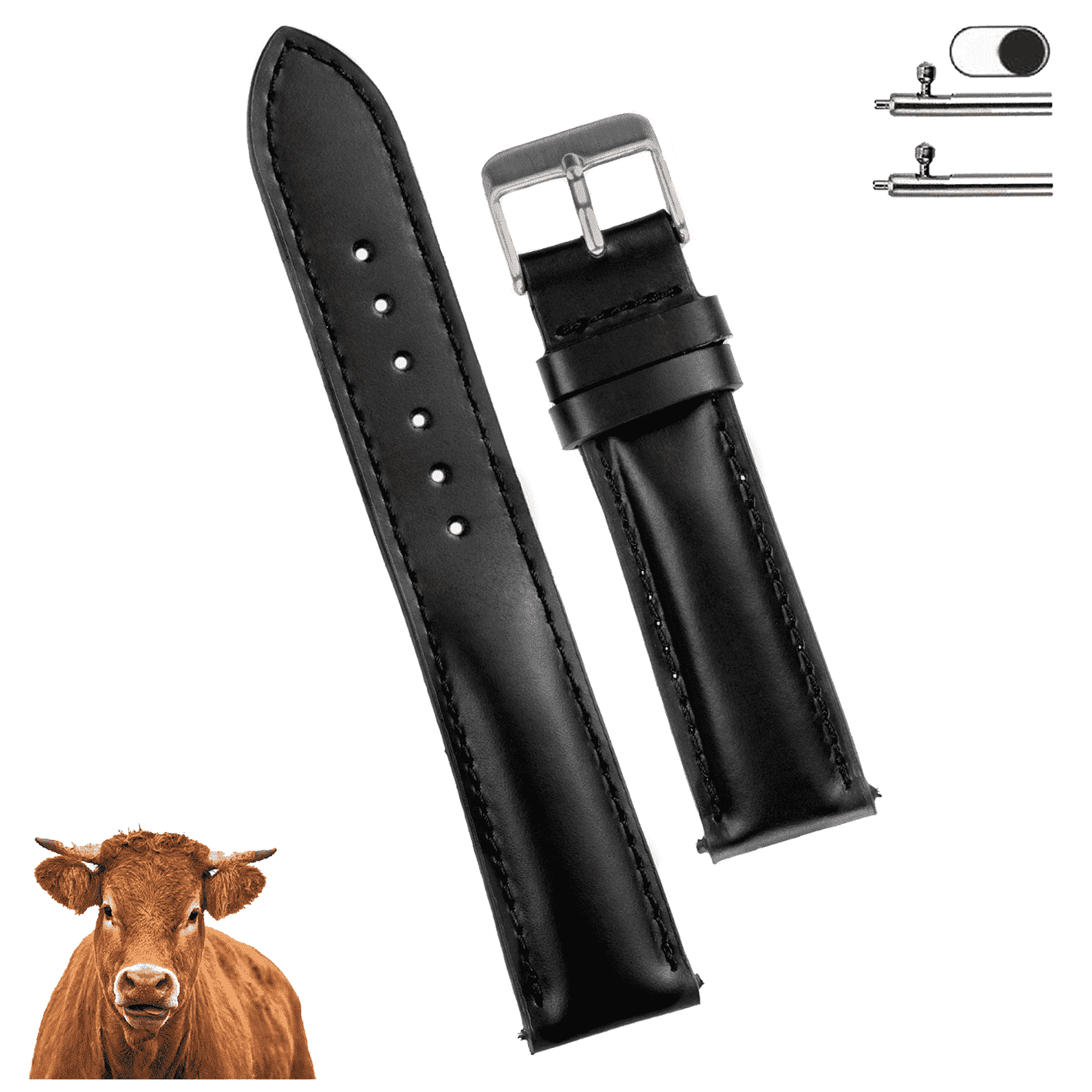 20mm Black Leather Watch Band Men Quick Release Replacement Handmade Wristband Stainless Steel, Gift for Father's Day Dad Son Husband DH-201-20MM